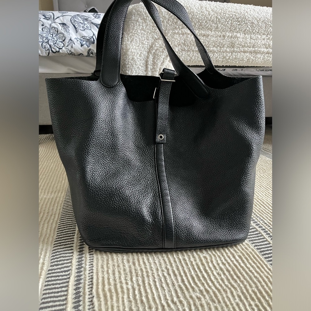 Picotin-style black leather tote (EUC)